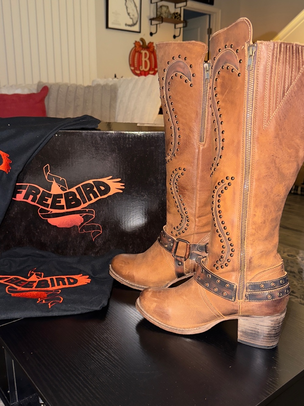 π€ β¨ππ€ FREEBIRD by Steven Coyote Brown Leather Tall Boots Size 9 Studded Western! - Picture 2 of 13